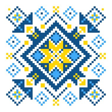 Beyaz arka planda ulusal renklerde örgü iğneleriyle işlenmiş Ukrayna süsü. Ukrayna bayrağı. Ukrayna nakış taşıyıcısı. Norveçli Jacquard. Ukrayna halk kıyafetleri. Nakış için desenler