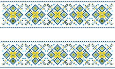 Beyaz arka planda ulusal renklerde örgü iğneleriyle işlenmiş Ukrayna süsü. Ukrayna bayrağı. Ukrayna nakış taşıyıcısı. Norveçli Jacquard. Ukrayna halk kıyafetleri. Nakış için desenler