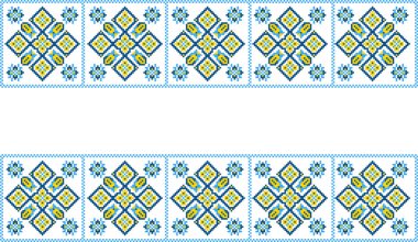 Beyaz arka planda ulusal renklerde örgü iğneleriyle işlenmiş Ukrayna süsü. Ukrayna bayrağı. Ukrayna nakış taşıyıcısı. Norveçli Jacquard. Ukrayna halk kıyafetleri. Nakış için desenler