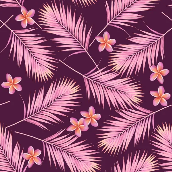 Seamless pattern watercolor painted palm leaves and plumeria illustration. Dark red and pink