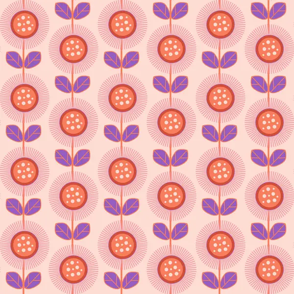 Geo retro çiçekler, İskandinav tasarımı, klasik çiçeksiz desen. Botanik desen tasarımı. Pembe geo çiçekleri
