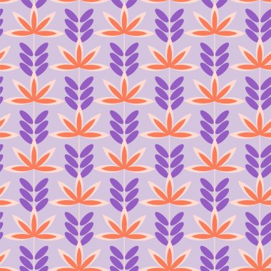 Soyut mor ve turuncu çiçekler dikişsiz desenli geometrik çiçek motifli mor arka plan. Klasik dekoratif tasarım kumaş kumaş kumaş kumaş kumaş kumaş dekoratif süs. Vektör deseni