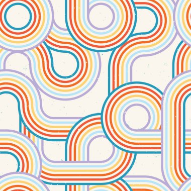 Retro Renkli Dalgalı Geometrik Eğimli Çizgili Kusursuz Desen. Bu canlı, pürüzsüz desen, renkli, geriye dönük kavisli çizgili, cesur, dalgalı geometrik şekillere sahiptir. Kombinasyon: