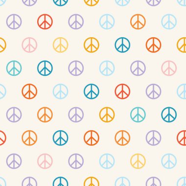 Bu pürüzsüz desen çok renkli barış sembollerini parlak ve parlak tonlarda, ışık ve nötr arka planda bir araya getiriyor. Oyuncu ve minimalist tasarım retro için mükemmeldir.