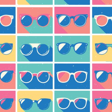Dijital ve Yazdırma Projeleri için Renk Bloklarıyla Kalın Pop Sanat Biçiminde Retro Güneş Gözlüksüz Desen. Bu pürüzsüz desen çeşitli gözlüklerde retro-stil güneş gözlüğü içerir