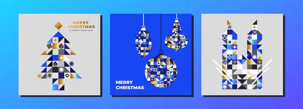 Merry Christmas and Happy New Year. A modern, geometric, minimalistic set of corporate cards with Christmas tree, balls and a bunny. Perfect for invitations, backgrounds, greetings cards. Vector.