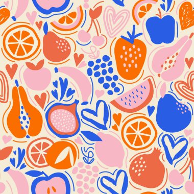 Seamless pattern with fruits in warm pastel color. Great for wallpaper, wrapping, gift papers, clothing, web page backgrounds, greeting cards and more