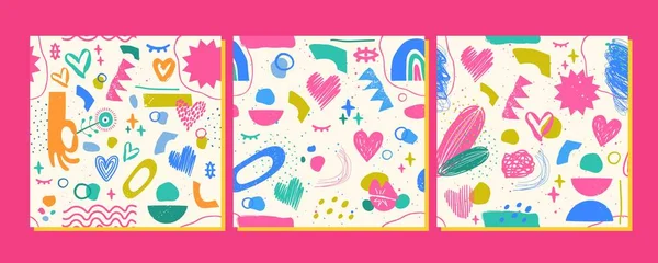 3 Seamless Patterns in Doodle Style. Bright, abstract, hand-drawn textured elements. This design is perfect for wrapping gifts for Valentine's Day, birthdays, or other holidays.