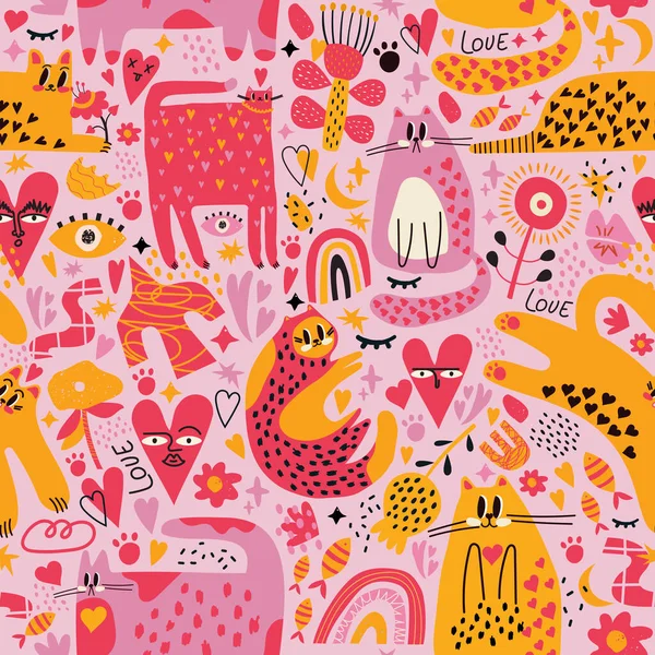 Valentine's day seamless pattern in doodle style. Lots of flowers, hearts, cats and love. Great for wallpaper, wrapping, gift papers, clothing, web page backgrounds, greeting cards and more.