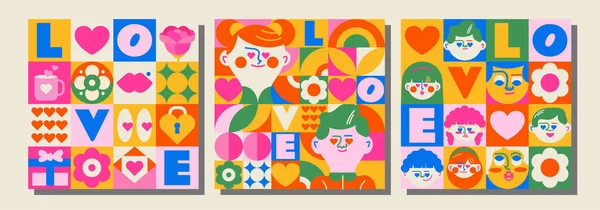 3 Valentine's Day templates in mosaic style with bright backgrounds. Girls and boys in love, hearts, gifts and many other festive elements.
