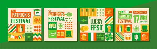 Set of 4 festival templates for St. Patrick's Day. Bright, modern, very green designs in mosaic style. Perfect for an invitation or as an advertisement for a festival or party.