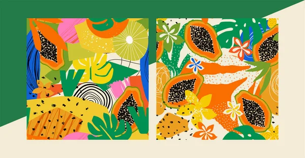 Tropical, bright, exotic patterns with various shapes, papaya, simple elements, flowers, leaves, . Great for wrapping, wallpaper, home dcor, clothing design and more