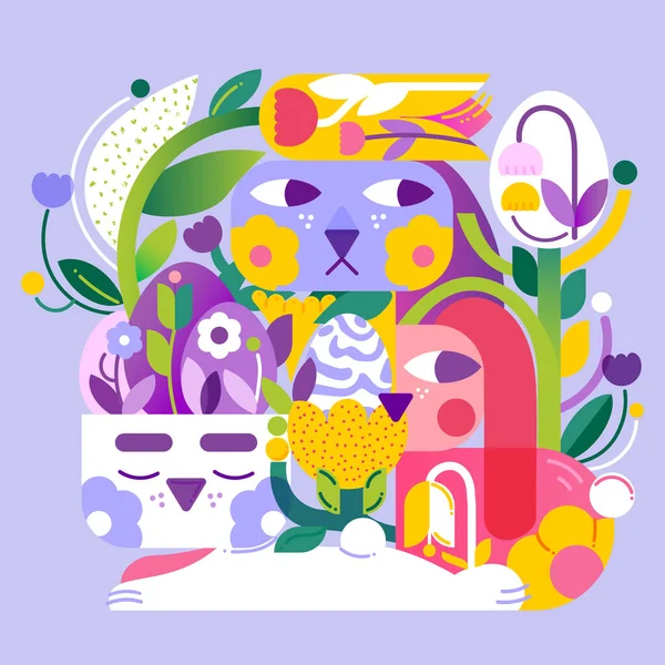 Happy Easter illustration in an abstract style with bunnies, Easter eggs and lots of greenery and flowers that immerse the viewer in spring.