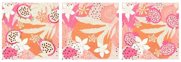 3 abstract, exotic hand drawn patterns. Pomegranate, pitahaya, exotic leaves and flowers. Seamless pattern set.