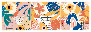 Collection of fashionable abstract seamless patterns with natural colorful shapes, spots, flowers and rainbow. Modern exotic design for paper, fabric, interior dcor and more