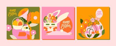 Sıcak, bahar renklerinde mutlu bir Paskalya günü için 3 resim. Bir tavuk, bir uğur böceği, bir tavşan ve bir sürü Paskalya yumurtası. Selamlar, kartlar ve daha fazlası için harika.