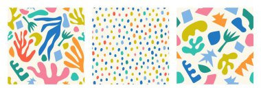 Soyut el çizimi şekiller, noktalar ve çiçeklerle Matisse tarzında soyut, kusursuz vektör desenleri. Duvar kağıdı, giysi tasarımı, ambalaj ve daha fazlası için ideal
