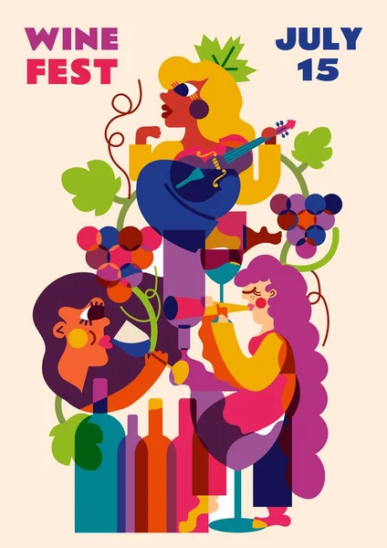 Illustratie Voor Het Wijnfestival Druiven Muziek Een Ontspannen Feestelijke Sfeer — Stockvector