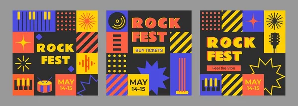 Düz Tasarım Mozaik Rock Müzik Festivali Sosyal Medya Için Düzenlenebilir — Stok Vektör