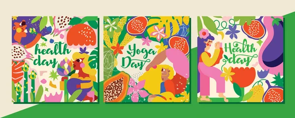 Uluslararası Yoga Günü ya da Sağlık Günü kadınları için 3 tasvir zihinsel ve fiziksel sağlıklarına dikkat eden, yoga yapan, meditasyon yapan, doğru beslenen, kendilerine zaman ayıran. Sebzeler ve meyveler sağlıklı bir yaşam tarzını tanımlar.. 