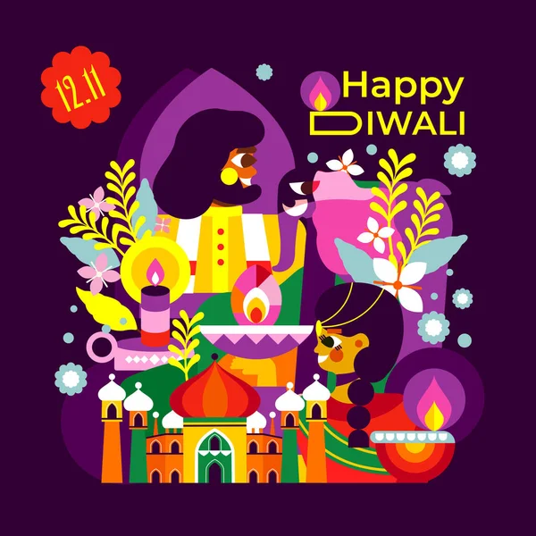 Kendinizi bu modern resimle Diwali kutlamasına daldırın! Neşeli bir Hintli çift, bir fil ve bir ışık denizi. Diwali 'nin özünü bir dizaynda tecrübe edin.!