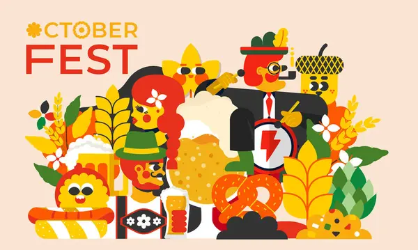 Ilustrace Oktoberfestu Obraz Znázorňuje Jedinečného Ducha Svátku Lidi Tradičních Kostýmech — Stockový vektor