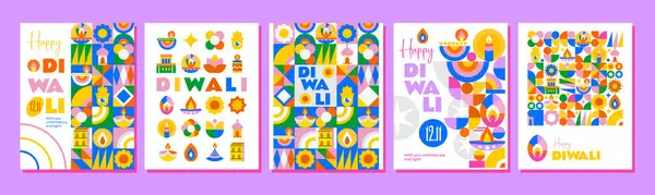 5 Mutlu Diwali Posteri. Mozaik tarzda parlak tasarım, bir sürü ışık, çiçekler ve festival elementleri. Selamlama, kapak, duvar kâğıdı ve daha fazlası olarak mükemmel.