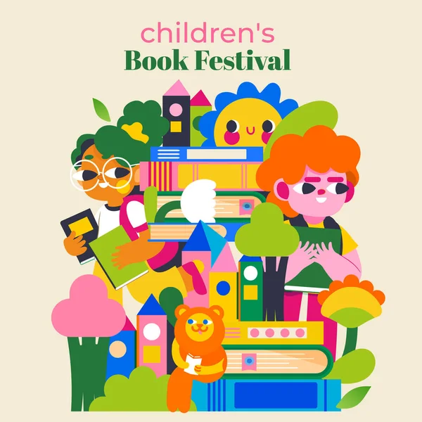 Çocuk kitabı festivali için illüstrasyon. Parlak renkler, peri masalı karakterleri, mutlu çocuklar ve hayal dünyası. Kendini kitapların büyülü dünyasına daldır.!