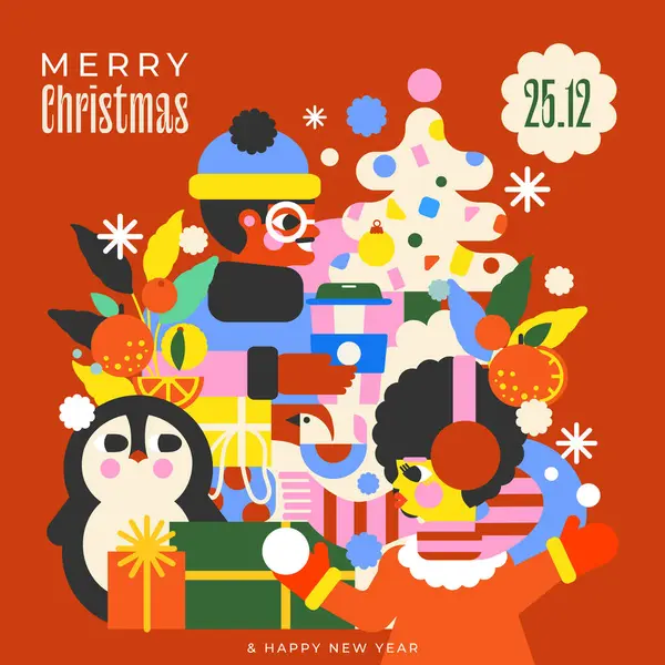 Neşeli kız ve oğlanla Noel çizimi, sevimli penguen, güzel paketlenmiş hediyeler, mandalinalar ve parlak Noel ağacı. Şenlik havası yaratmak için mükemmel.!