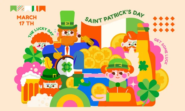 Bright Modern Illustration Patrick Day Jolly Gnome Leprechauns Shamrocks Beer — Stock Vector