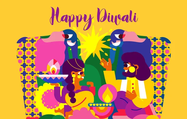 Kendinizi bu modern illüstrasyonla Diwali kutlamasına daldırın. Neşeli bir Hintli çift, bir fil ve bir ışık denizi. Diwali 'nin özünü bir dizaynda tecrübe edin..