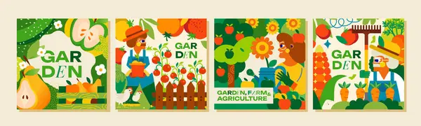 4 şablon. Bahçe, çiftlik ve tarım. Modern tasarım bahçıvanlar, yataklar, bereketli hasatlar, sebzeler, meyveler ve tavuklar. Reklam, poster, arkaplan veya kartpostal için resim