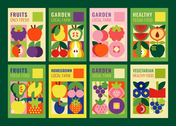 Sammlung Von Plakaten Mit Früchten Illustrationen Von Frischen Bioprodukten Ideal — Stockvektor