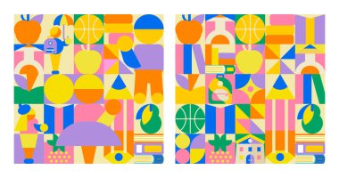 Mozaik tarzda 2 okul modeli. Çocukların ve okul malzemelerinin olduğu parlak, çocukça bir tasarım. Projen için mükemmel.!