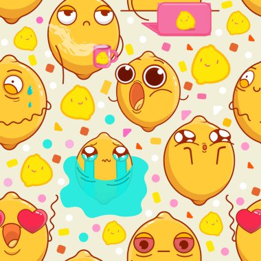 Seamless pattern with emotional lemons. Comic elements in cartoon style. Citrus characters with funny faces in kawaii style. Flat design. All elements are isolated. Perfect for printing clipart