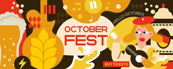 Oktoberfest yatay afişi: gitar çalan kız, büyük bira bardakları, bir sürü bira, müzik ve festival atmosferi. İnternet, reklam, posterler, basılı materyaller ve sosyal ağlar için mükemmel.