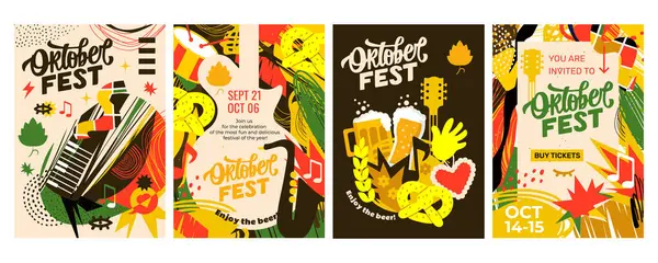 Oktoberfest için 4 soyut poster! Sonbahar renkleri, bira bardakları, krakerler, müzik aletleri ve bir sürü bira. Bu olayı desteklemek için A4 vektör şablonları mükemmel.