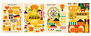 Oktoberfest için 4 modern poster! Ulusal renkler, bira bardakları, krakerler, sosisliler, müzik aletleri, panayır ve bir sürü bira. A4 vektör şablonları bu olayı tanıtmak için idealdir.