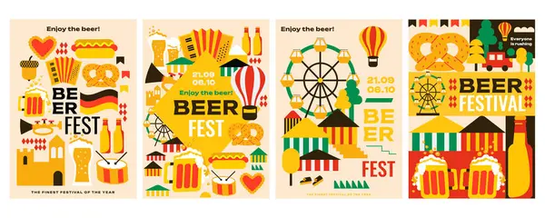 Oktoberfest için 4 modern poster! Ulusal renkler, bira bardakları, krakerler, sosisliler, müzik aletleri, panayır ve bir sürü bira. A4 vektör şablonları bu olayı tanıtmak için idealdir.