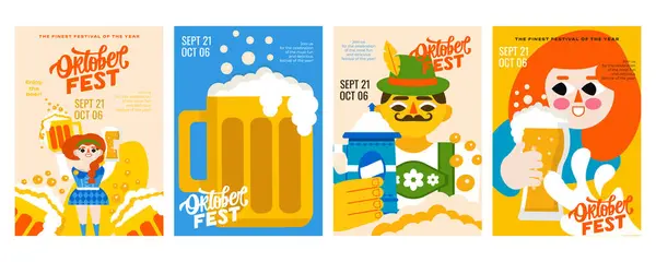 Oktoberfest için 4 minimalist poster! Ulusal lezzet, bira bardakları, şenlikli atmosfer ve bolca bira. A4 vektör şablonları bu olayı tanıtmak için idealdir.