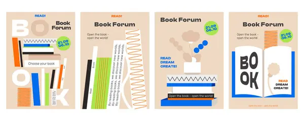 Kitap Forumu için 4 Soyut Poster. Soyut, minimalist tasarım projenize harika bir katkı olacak. Bir festival, edebi etkinlikler, kitap kulübü reklamları ve daha fazlası için mükemmel bir poster.