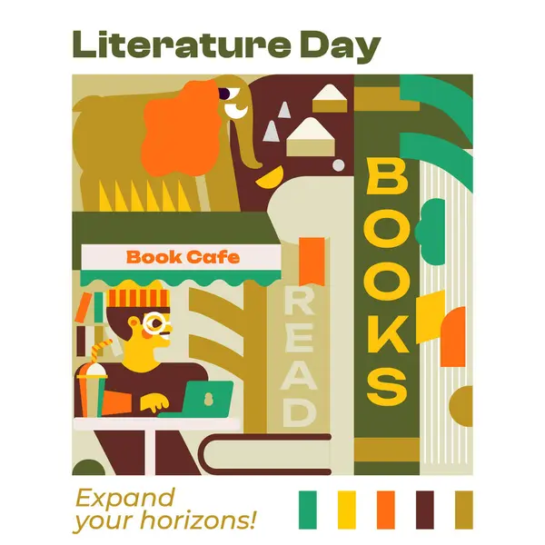 stock vector Illustration perfect for bookstores and cafes, literary events, festivals, and book clubs. You can drink coffee, work, and immerse yourself in the world of literature and books. 