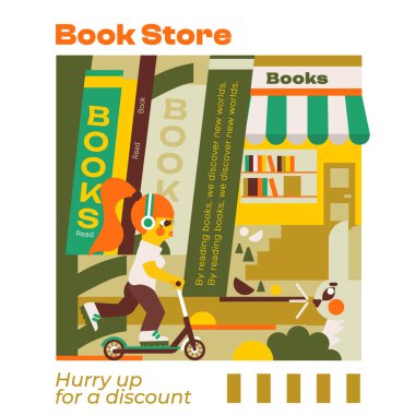 Modern Illustration of a girl rushing to the store for books. Ideal for bookstores and cafes, literary events, festivals and book clubs. clipart