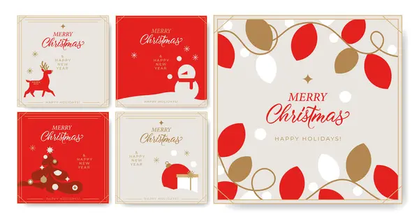 Mutlu Noeller ve mutlu yıllar! Bir dizi minimalist tebrik kartı. Tipografi, Noel ağacı, kardan adam, geyik, hediye ve çelenk ile estetik Noel tasarımı. 
