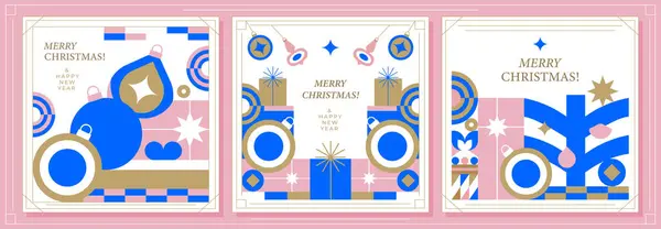 Modern minimalist Noel kartları. Soyut geometrik elementlere sahip zarif tasarım, Noel süslemeleri ve hediyeler neşeli bir hava yaratır. Selamlama, davetiye ve reklam için ideal..