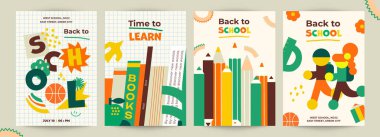 Vektör çizimi. Okula dönelim. Okul malzemelerinin, kalemlerin, kitapların ve çocukların olduğu şablonlar. Sosyal medya reklamları, baskılar, el ilanları, kartpostallar ve daha fazlası için mükemmel.