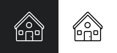 Dağ evi ana hatları simgesi beyaz ve siyah renklerde. Web, mobil uygulamalar ve ui için kış koleksiyonundan dağ evi düz vektör simgesi.