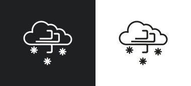 Kar fırtınaları beyaz ve siyah renklerde ana simge oluşturur. Kar fırtınası web, mobil uygulamalar ve ui için hava durumu koleksiyonundan düz vektör simgesi.
