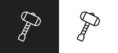 Thor çekiç çizgisi simgesi beyaz ve siyah renklerde. Web, mobil uygulamalar ve ui için silah koleksiyonundan Thor Hammer düz vektör simgesi.