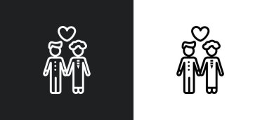 Eşcinsel çiftin ana hatları beyaz ve siyah renkli. Web, mobil uygulamalar ve ui için kullanıcı koleksiyonundan gay çift düz vektör simgesi.